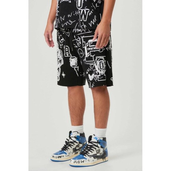 ALLOVER HAND DOODLING PUFF PRINT SHORTS JEANS CASUAL HOLES PANTS SHORT SUMER - Picture 2 of 5